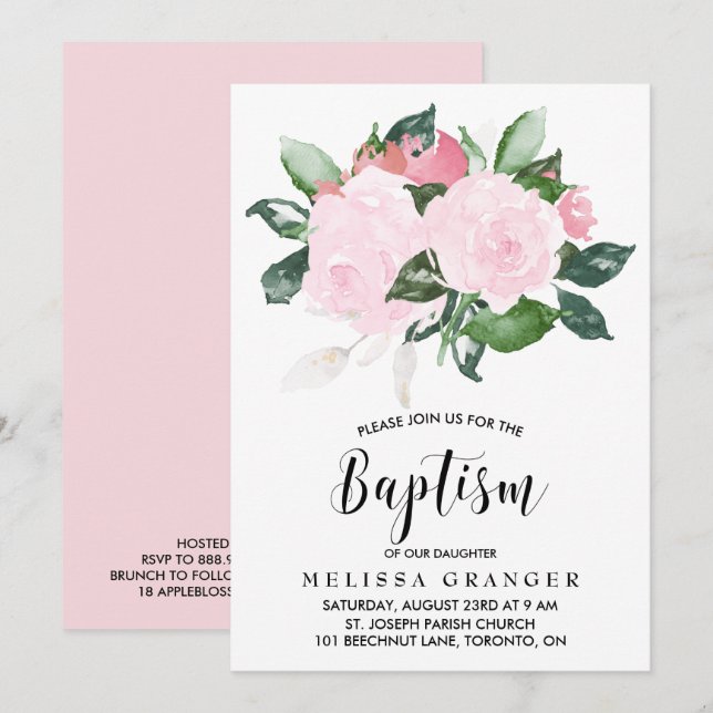 Sweet Pink Watercolor Roses Baptism Invitation (Front/Back)