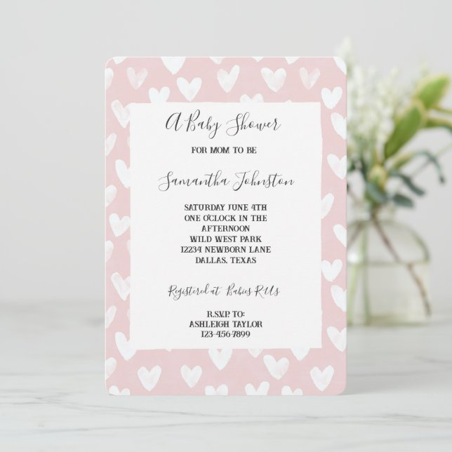 Sweet Pink White Hearts Baby Shower Invitation (Standing Front)