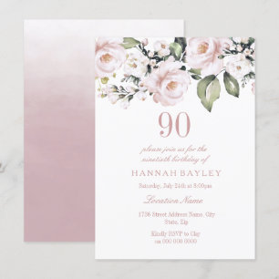 Sweet Pink White Roses Modern Ninetieth Birthday Invitation