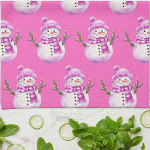 Sweet Pink White Snowman Christmas  Kitchen Towel