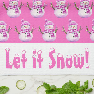 Sweet Pink White Snowman Personalized Christmas  Kitchen Towel
