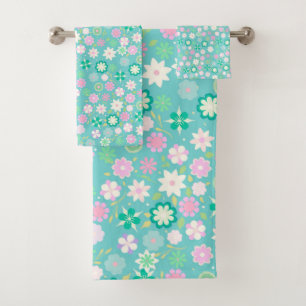 Sweet Pink White Teal Ditsy Floral Pattern Bath Towel Set
