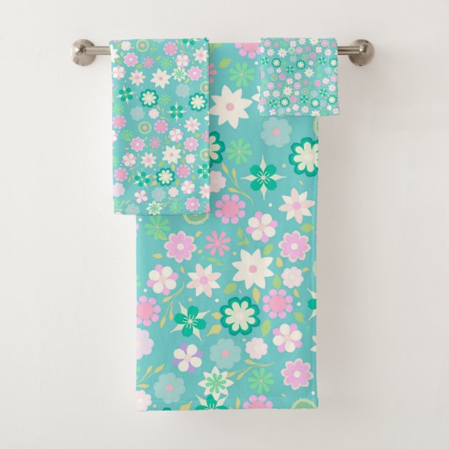 Sweet Pink White Teal Ditsy Floral Pattern Bath Towel Set (Insitu)