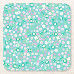 Sweet Pink White Teal Ditsy Floral Pattern Square Paper Coaster