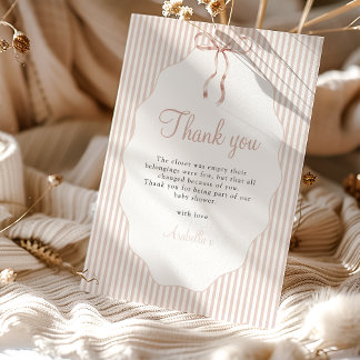 Sweet Pinstriped Beige Bow Baby Shower Thank You Card