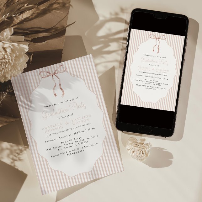 Sweet Pinstriped Beige Bow Joint Graduation Invitation (Creator Uploaded)