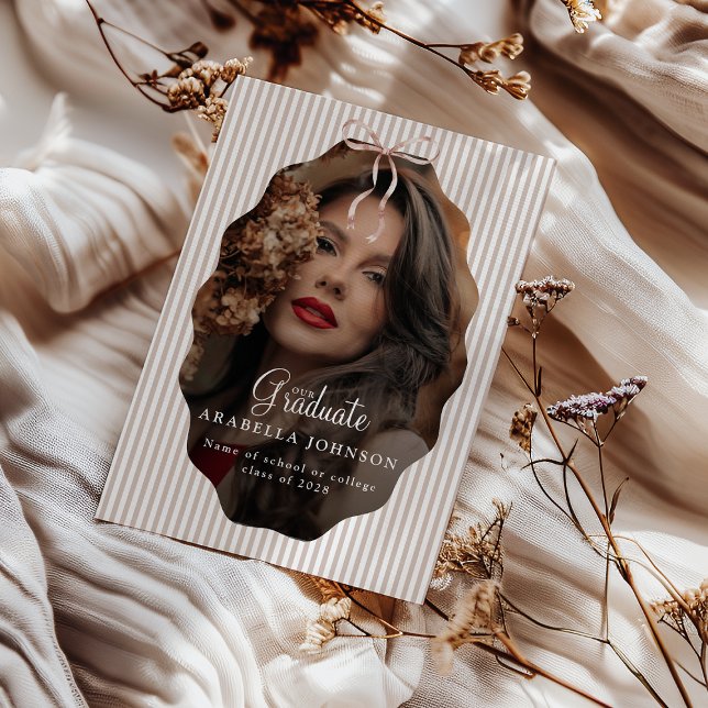Sweet Pinstriped Beige Bow Photo Graduation Announcement (Creator Uploaded)