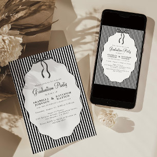 Sweet Pinstriped Black Bow Joint Graduation Invitation