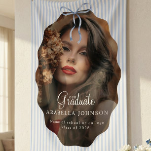 Sweet Pinstriped Blue Bow Photo Graduation Banner