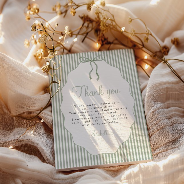 Sweet Pinstriped Green Bow Graduation Thank You Card (Creator Uploaded)
