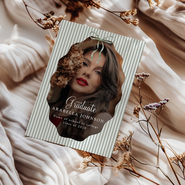 Sweet Pinstriped Green Bow Photo Graduation Announcement (Creator Uploaded)