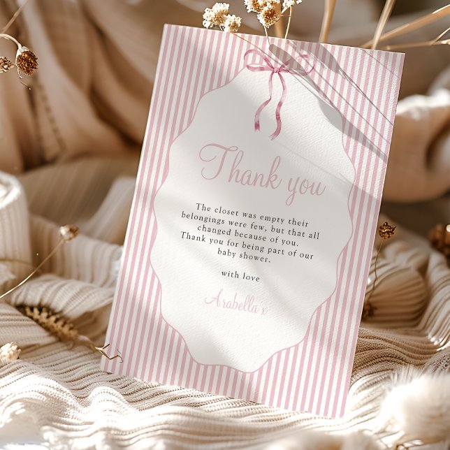 Sweet Pinstriped Pink Bow Baby Shower Thank You Card (Creator Uploaded)