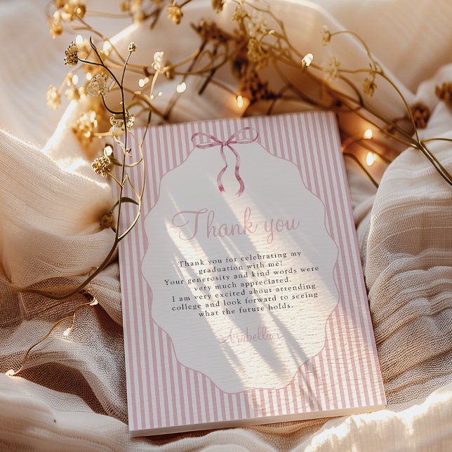 Sweet Pinstriped Pink Bow Graduation Thank You Card (Creator Uploaded)