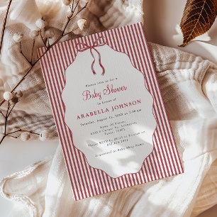 Sweet Pinstriped Red Bow Baby Shower Invitation