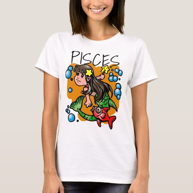 Sweet Pisces Mermaid with Fish Cartoon T-Shirt (Front)