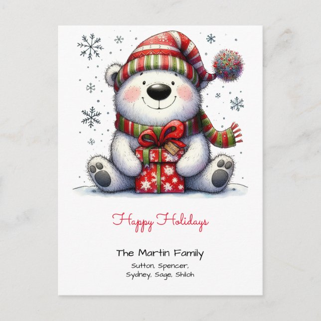 Sweet Polar Bear in a Santa Hat Happy Holidays Postcard (Front)
