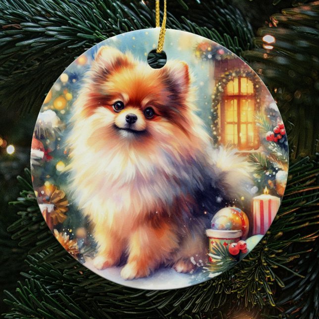 Sweet Pomeranian Dog Watercolor Christmas Ceramic Ornament (Creator Uploaded)