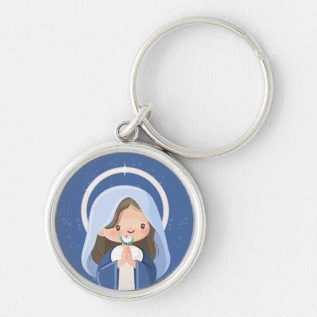 Sweet Praying Kawaii Virgin Mary – Navy Blue Keychain (Front)