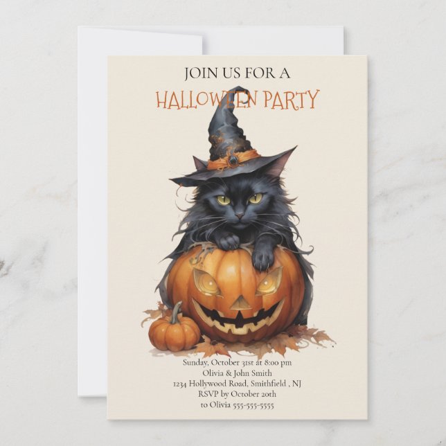 Sweet Pumpkin Black Cat Halloween Party Invitation (Front)