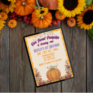 Sweet Pumpkin One, Orange Floral 1st Birthday Invitation