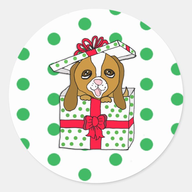 Sweet Puppy Dog in Christmas Gift Box with Bow Classic Round Sticker (Front)