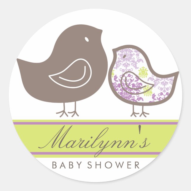 Sweet Purple Damask Chicks Baby Shower Sticker (Front)