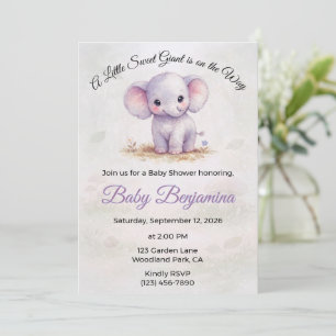 Sweet Purple Elephant Girl Baby Shower Invitation