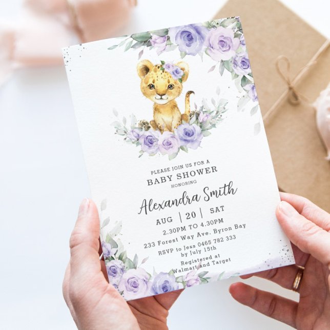 Sweet Purple Floral Adorable Lion Cub Baby Shower Invitation (Creator Uploaded)