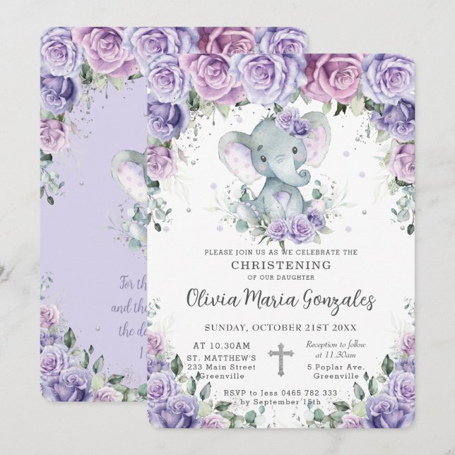 Sweet Purple Floral Elephant Christening Baptism Invitation (Front/Back)