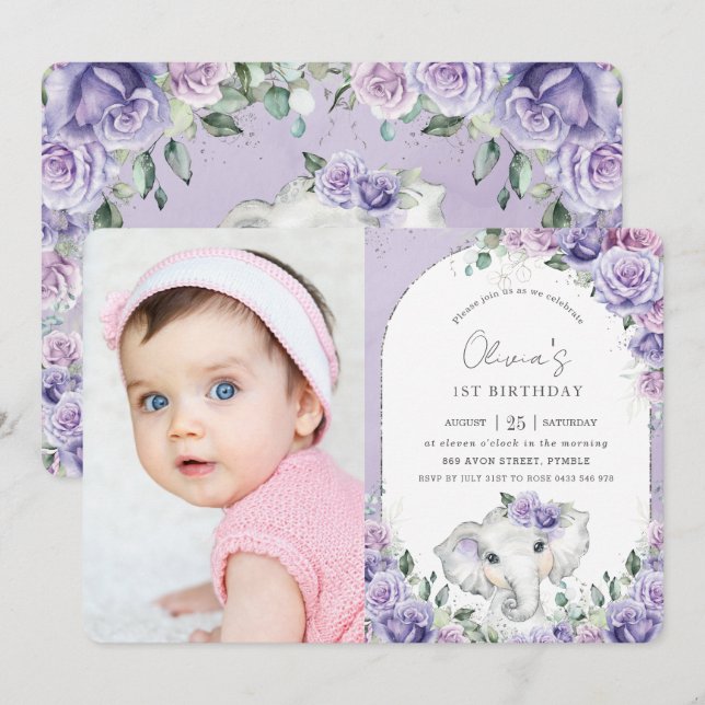 Sweet Purple Lilac Floral Elephant Birthday Photo Invitation (Front/Back)