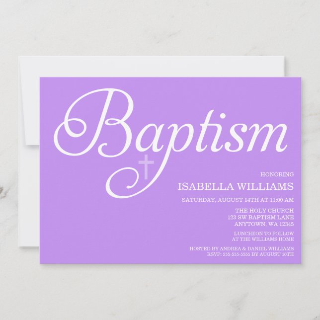 Sweet Purple Script Baptism Invitation (Front)