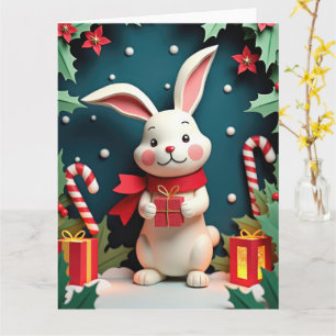 Sweet Rabbit with Gift in Winter Christmas Scene Card