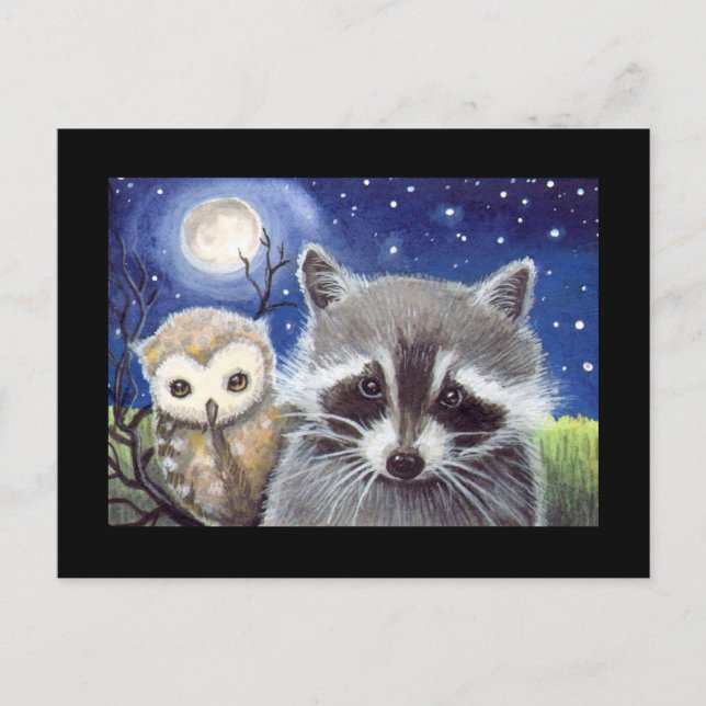 Sweet Raccoon and Owl Art Postcard (Front)