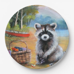 Sweet Raccoon, canoe, summer scene Paper Plate