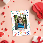 Sweet Rainbow Hearts Valentine's Day Photo Card<br><div class="desc">This modern and fun Valentines Day photo card features a background pattern of rainbow hearts, modern typography, and one vertical photo. The back of the card is the a coordinating red background, which can be edited if desired. You can also add another photo to the back and/or additional text to...</div>