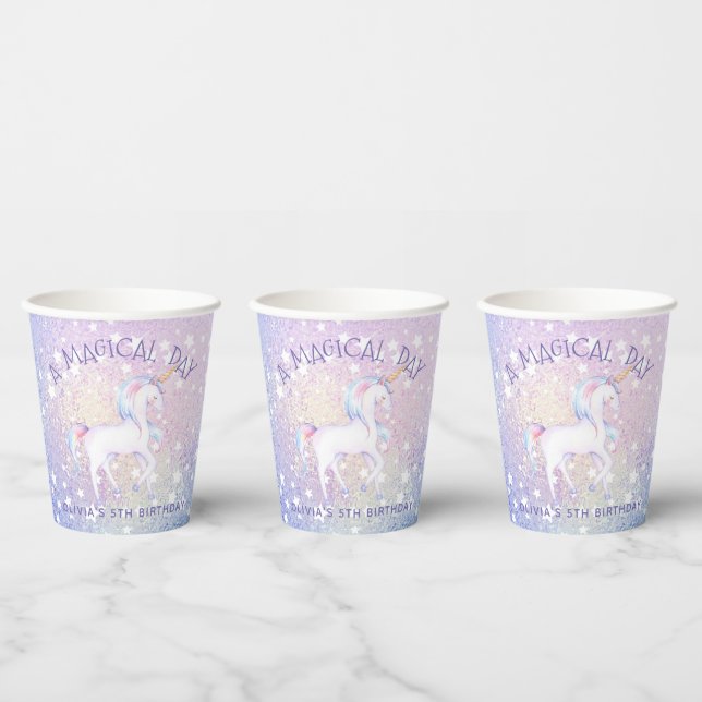 Sweet Rainbow Unicorn Glittery Birthday Party Name Paper Cups (Multi)
