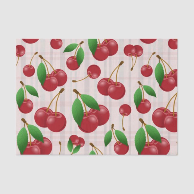 sweet red cherries on pastel plaid tissue paper (Front)