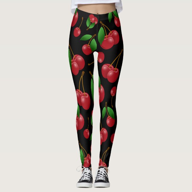 Sweet red cherries pattern on black leggings (Front)
