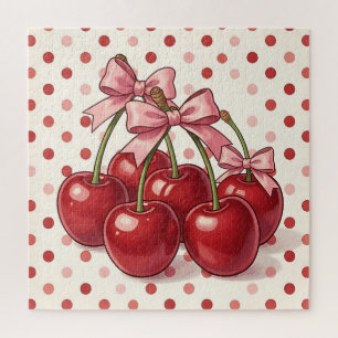 Sweet Red Cherries Pink Bows Retro Polka Dot Jigsaw Puzzle