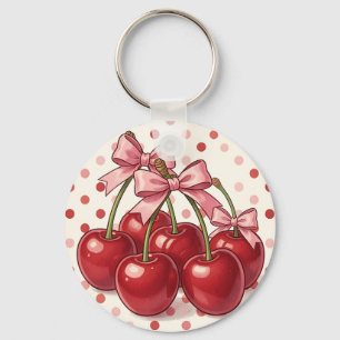 Sweet Red Cherries Pink Bows Retro Polka Dot Keychain
