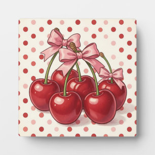 Sweet Red Cherries Pink Bows Retro Polka Dot  Plaque