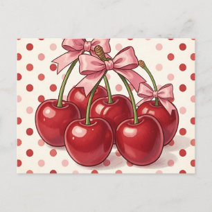 Sweet Red Cherries Pink Bows Retro Polka Dot Postcard