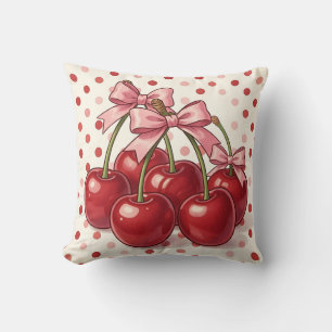 Sweet Red Cherries Pink Bows Retro Polka Dot  Throw Pillow