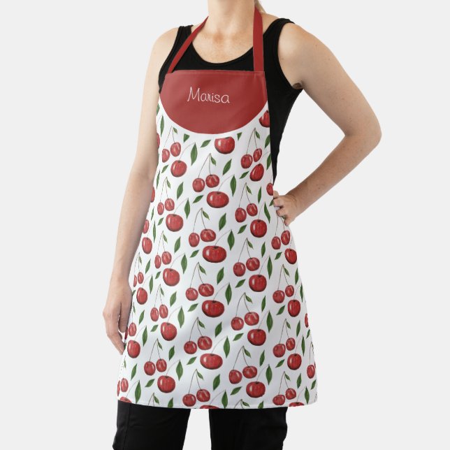 Sweet Red Cherries Watercolor Illustration Apron (Insitu)