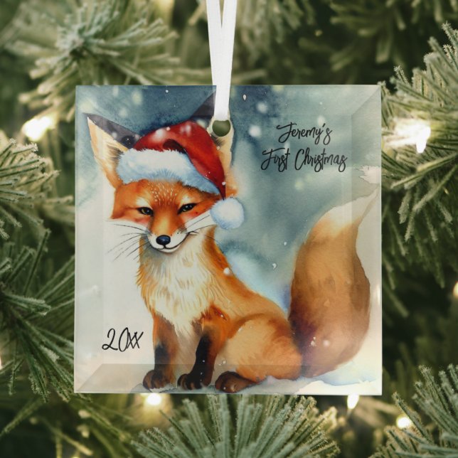 Sweet Red Fox in Snow First Christmas Glass Ornament (Insitu)