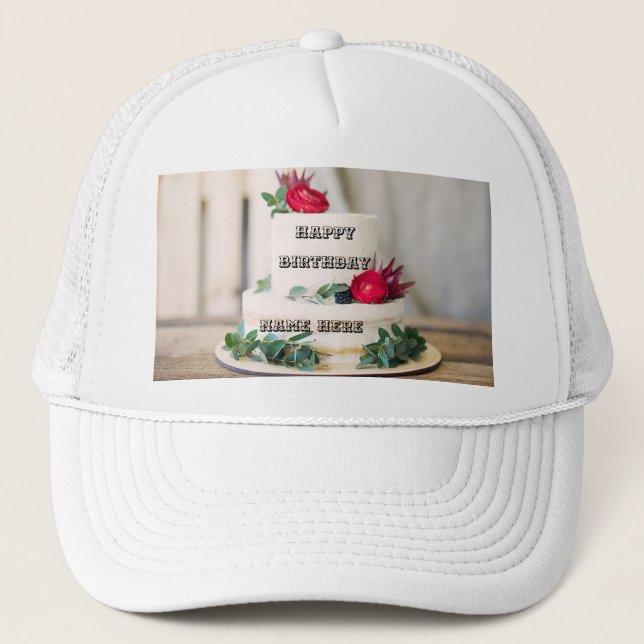 Sweet Red Rose Cake with Happy Birthday Name Here  Trucker Hat (Front)