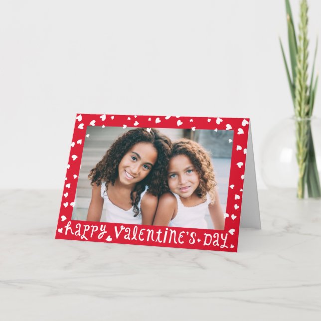 Sweet Red Scattered Hearts Photo Frame Valentine's Holiday Card (Front)