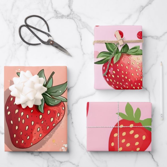 Sweet Red Strawberry Wrapping Paper Sheet (Front)