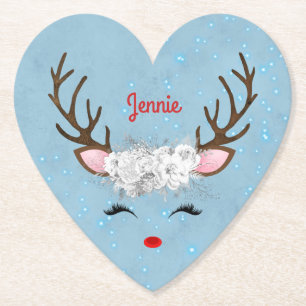 Sweet Reindeer Eyelashes and Antlers with Flowers Paper Coaster