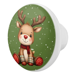 Sweet Reindeer Pair in Holiday Snowfall Ceramic Knob